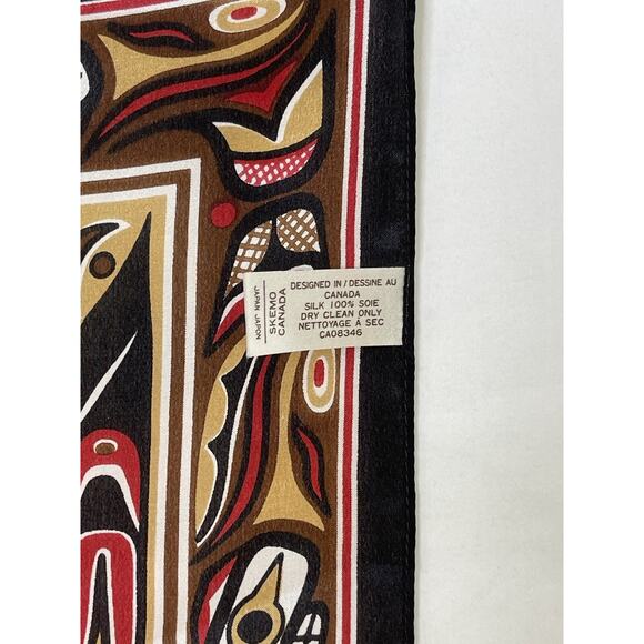 Elaine Paine Silk Scarf Skemo Canada Tan Red Totem Pole Native 8.5x48" Vintage - Picture 7 of 8